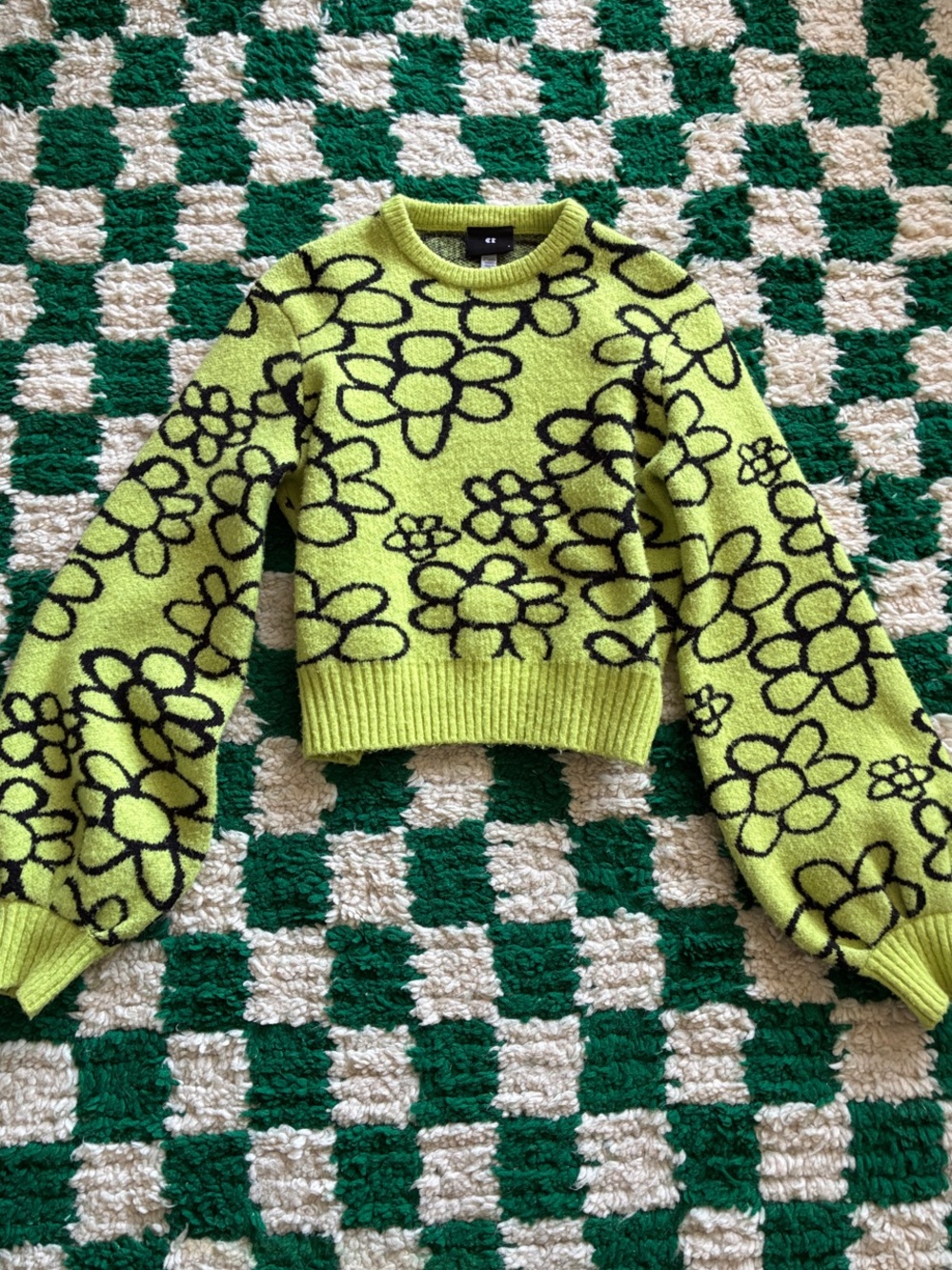 Lazy Oaf Cropped Puff Sleeved Lime Floral Crewneck Sweater